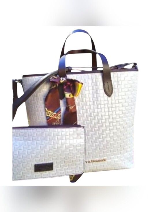 Dooney & Bourke Handbags - Dooney & Bourke Liliana White Woven Tote Bag with Matching Pouch and Dusty EUC